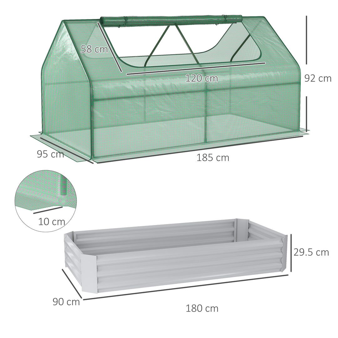 Raised Garden Bed with Greenhouse, Steel Planter Box with Plastic Cover, Roll Up Window, Dual Use for Flowers, Vegetables, Fruits and Herbs, 185L x 95W x 92H cm, Green