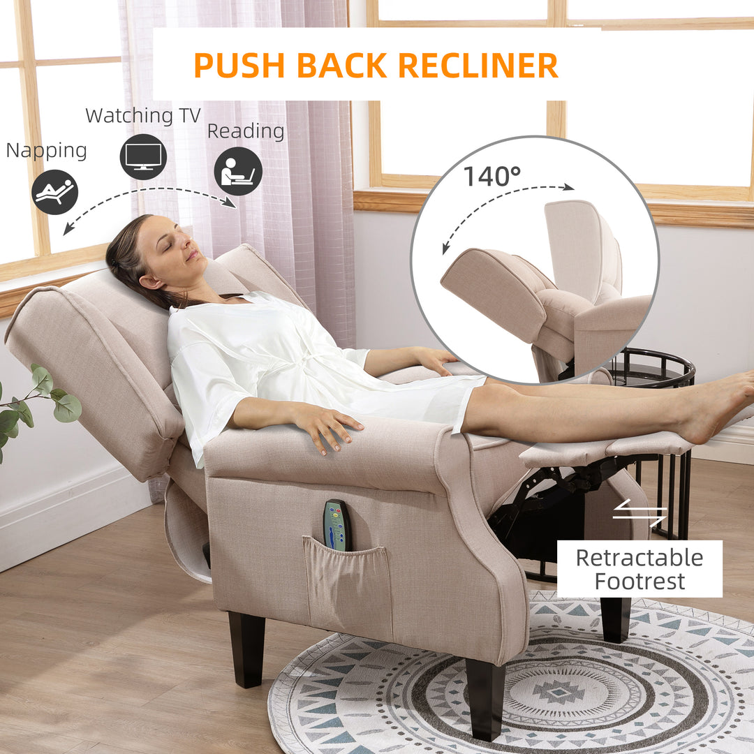 Heated Massage Reclining Armchair Thick Sponge Padded Linen Upholstery Metal Wood Frame Home Luxury Relaxation Beige