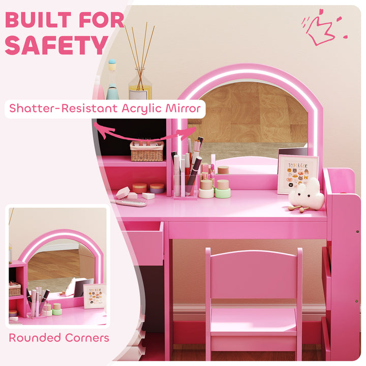 MCL Kids Vanity Table and Chair Set, Girls Dressing Table with 2-Colour LED Mirror, Stool, Cabinet, Drawer, Shelves, Pink