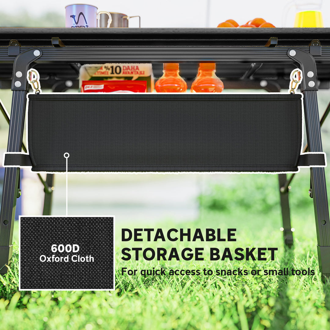 Folding Camping Table, 90 x 55 cm Height Adjustable Portable Collapsible Table, 3ft Lightweight Aluminium Rollup Picnic Table with Storage Basket for Outdoor Garden Party BBQ, Black