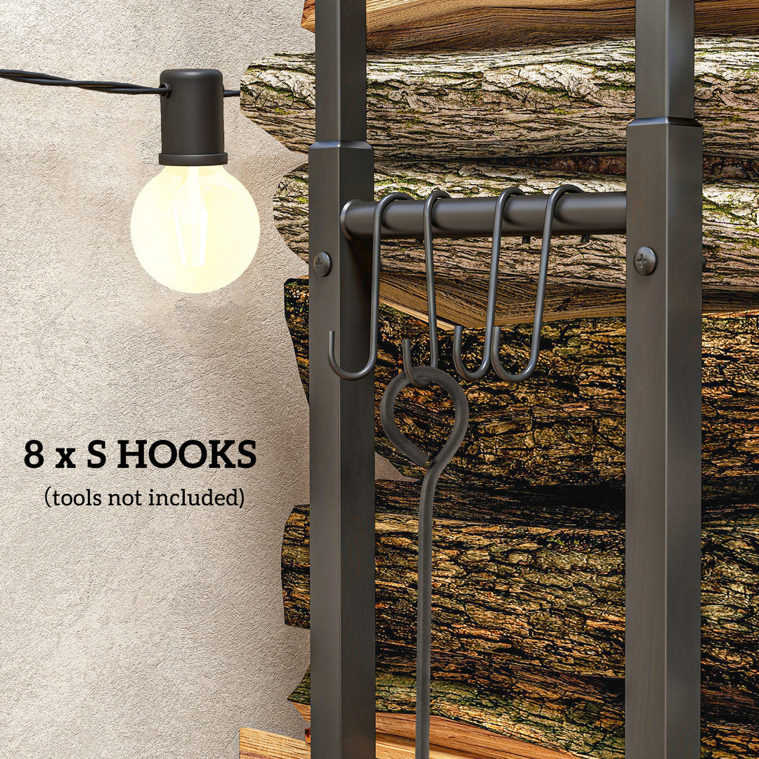 Firewood Log Rack Set of 2, Retractable Metal Wood Store Holder, Indoor Outdoor Fireplace Log Storage Shelf with Hooks, 65 x 25 x 150 cm, Black