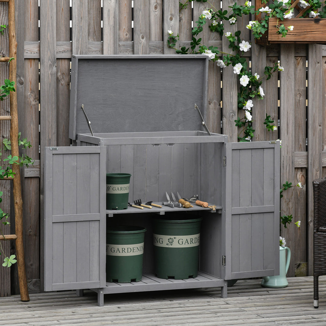 Small Shed, Wooden Garden Shed with Openable Hinged Roof and Removable Shelf, Outdoor Tool Storage Cabinet Chest with Double Doors, 74 x 43 x 88 cm, Grey