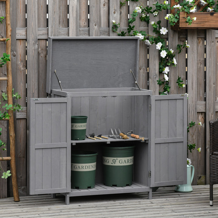 Small Shed, Wooden Garden Shed with Openable Hinged Roof and Removable Shelf, Outdoor Tool Storage Cabinet Chest with Double Doors, 74 x 43 x 88 cm, Grey