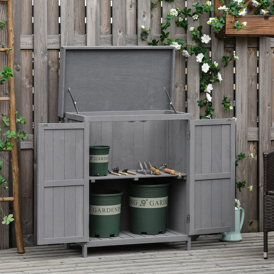 Small Shed, Wooden Garden Shed with Openable Hinged Roof and Removable Shelf, Outdoor Tool Storage Cabinet Chest with Double Doors, 74 x 43 x 88 cm, Grey