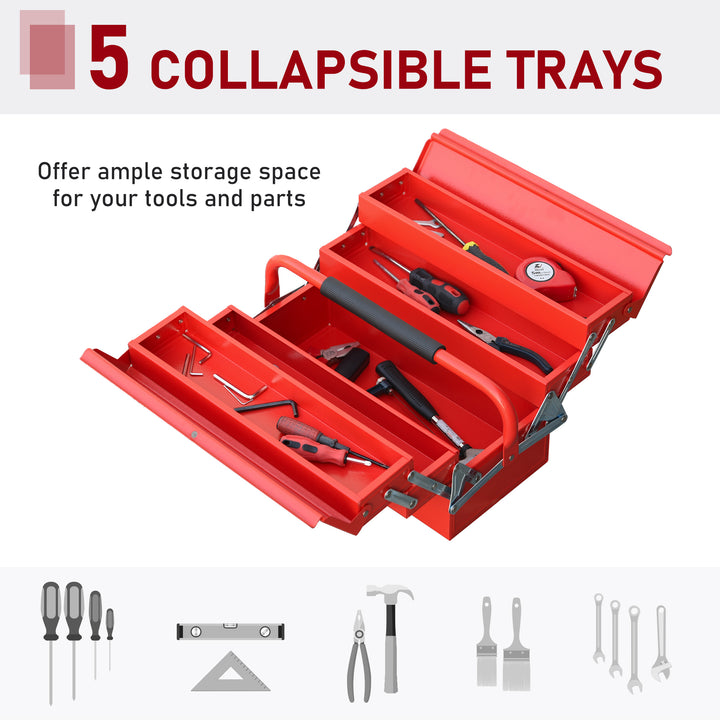 Metal Tool Box 3 Tier 5 Tray Professional Portable Storage Cabinet Workshop Cantilever Toolbox with Carry Handle, 45cmx20cmx34.5cm, Red