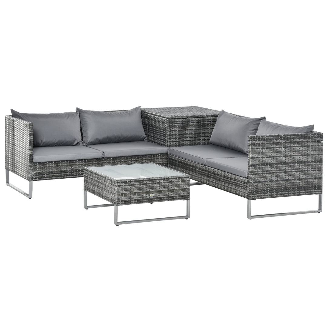 Outsunny 4 PCs Garden Rattan Wicker Outdoor Furniture Patio Corner Sofa Love Seat and Table Set w/ Cushions Side Desk Storage - Mixed Grey | Aosom UK