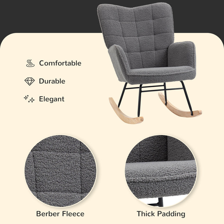 HOMCOM Wingback Rocking Chair for Nursing, Berber Fleece Nursery Glider Rocker, Modern Armchair for Living Room, Dark Grey | Aosom UK