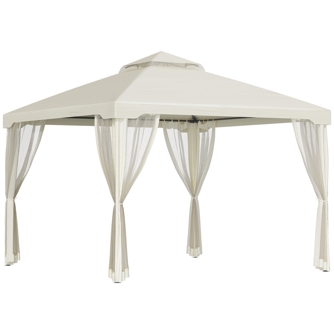 MCL 3 x 3 m Metal Gazebo, Garden Pavillion, Double Roof Outdoor Canopy Shelter with Mesh Sidewalls, Cream White