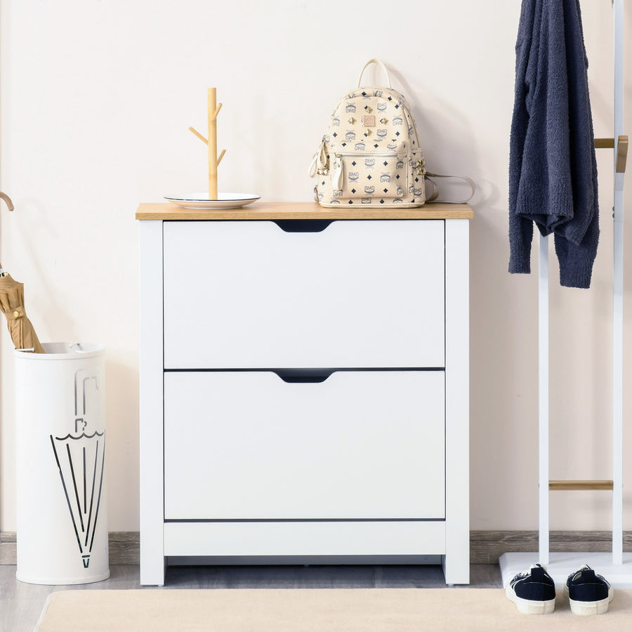 Narrow Shoe Cabinet, Space Saving Shoe Storage Cabinet with 2 Flip Drawers and Adjustable Shelves for 6-12 Pairs of Shoes for Hallways and Living Room, White
