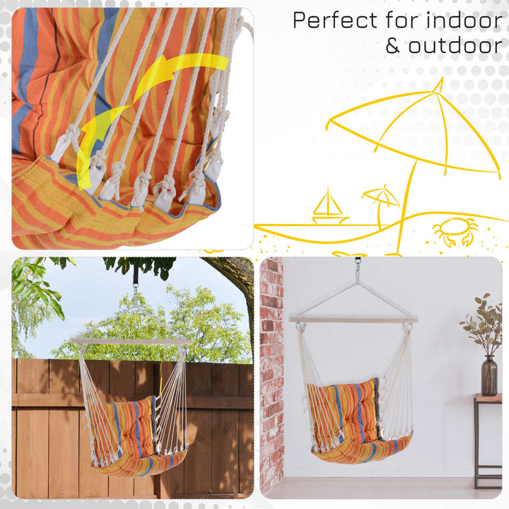 Outsunny Garden Yard Patio Swing Seat, Hanging Hammock Chair, Cotton Rope Cushioned, Wooden Cotton Cloth, Orange