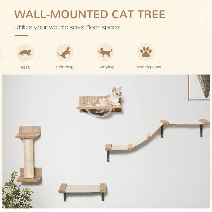 PawHut Wall-Mounted Cat Climbing Shelf Set, 4PCs with Hammock, Scratching Post, Jumping Platform, Activity Centre, Brown | Aosom UK