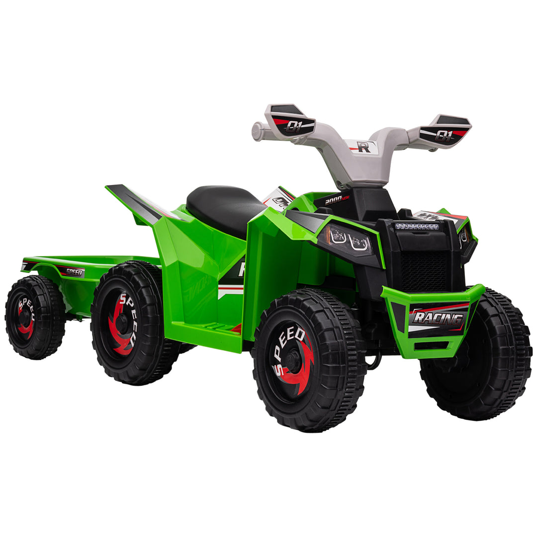 6V Quad Bike with Back Trailer, Wear-Resistant Wheels, for Ages 18-36 Months, Green