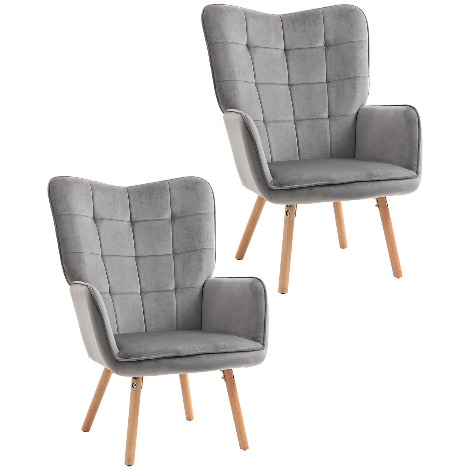 Modern Accent Chair Velvet-Touch Tufted Wingback Armchair Upholstered Leisure Lounge Sofa Club Chair with Wood Legs, Set of 2, Grey