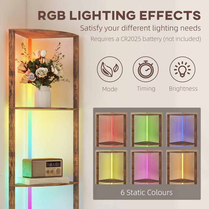 RGB LED Floor Lamp with Shelves, 5-Tier Dimmable Standing Lamp with Adjustable Brightness and Remote Control, Modern Corner Display Shelf Unit for Living Room Bedroom Office, Rustic Brown