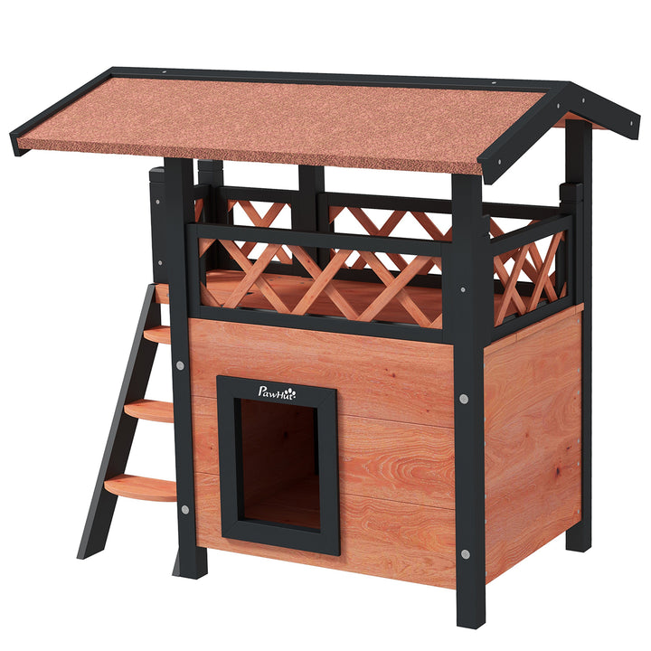 PawHut Cat House Outdoor w/ Balcony Stairs Roof, 77 x 50 x 73 cm, Brown | Aosom UK