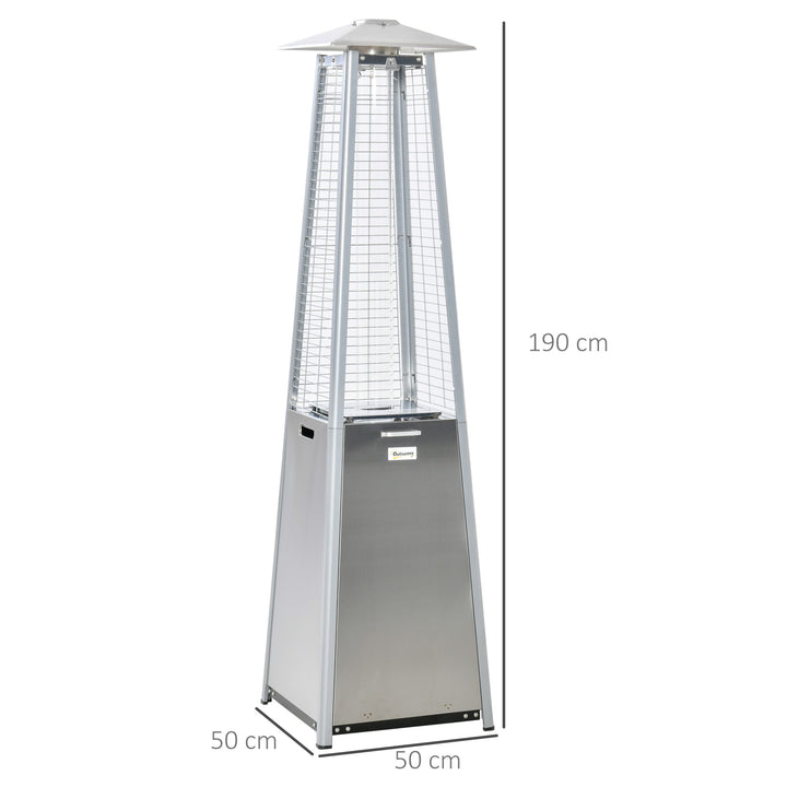 Outsunny 11.2KW Outdoor Patio Gas Heater Stainless Steel Pyramid Propane Heater Garden Freestanding Tower Heater with Wheels, Dust Cover, Regulator and Hose, Silver