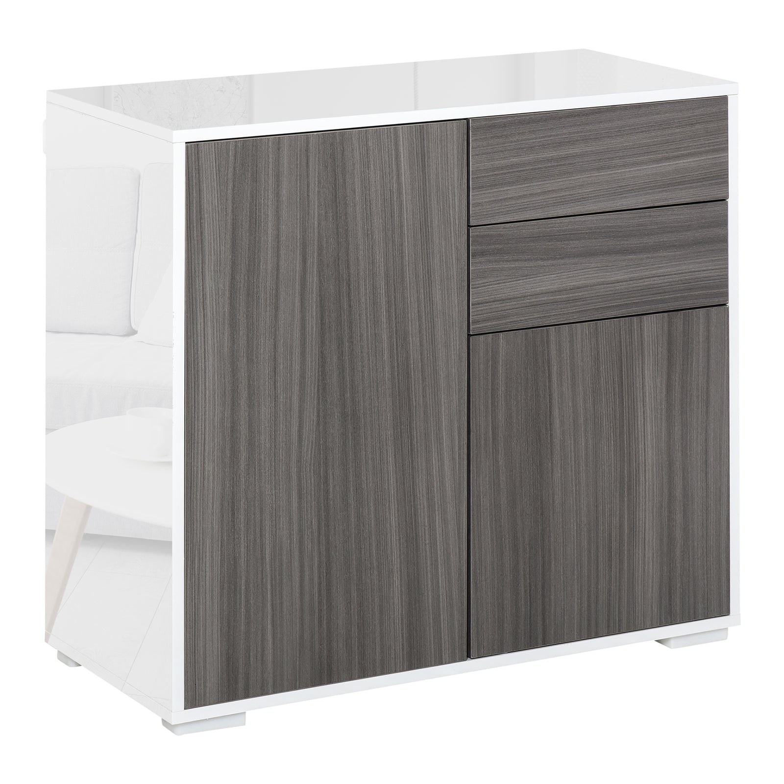 High Gloss Frame Sideboard, Side Cabinet, Push-Open Design with 2 Drawer for Living Room, Bedroom, Grey