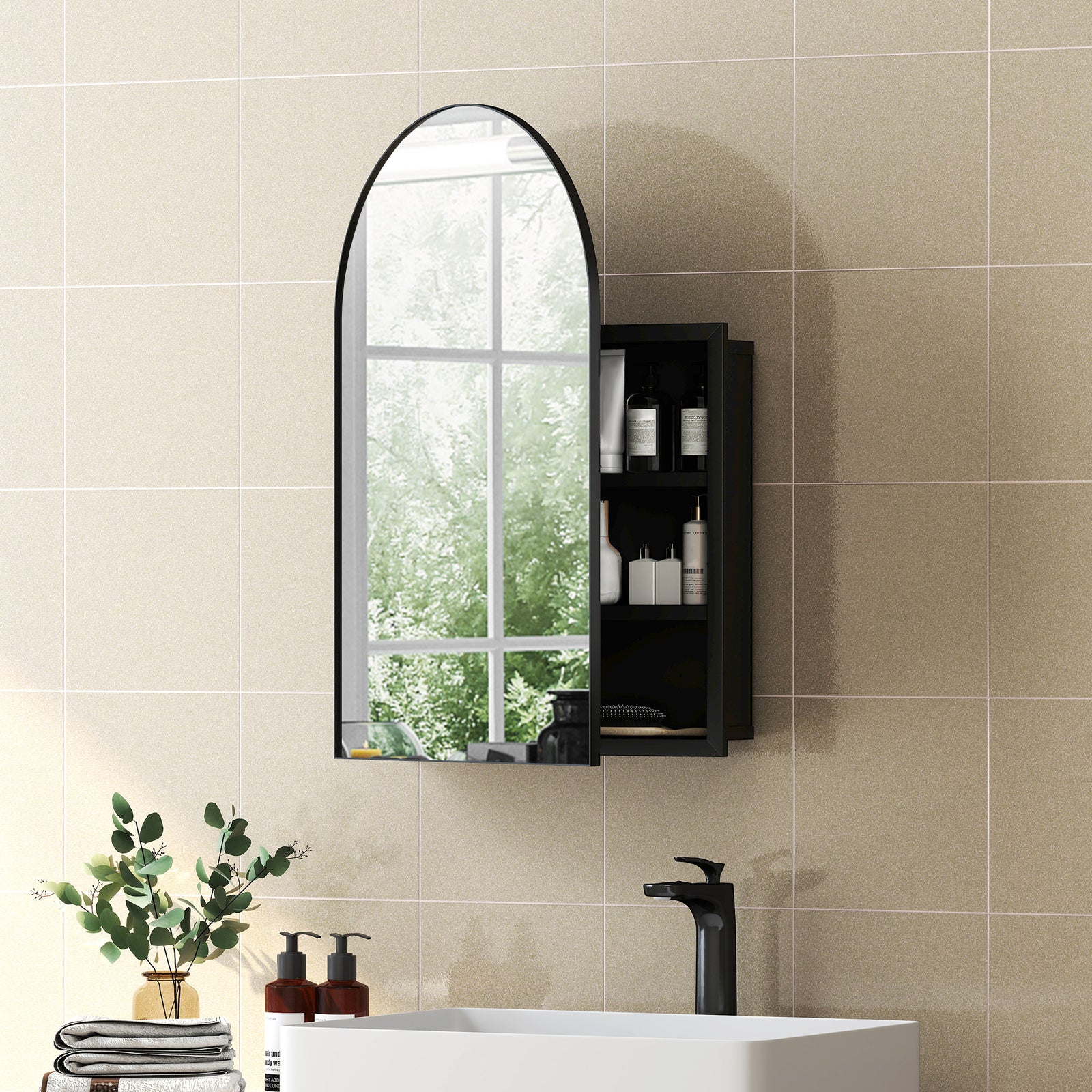 Bathroom Mirror Cabinet with Mirror, Arched Wall Mounted Bathroom Cabi