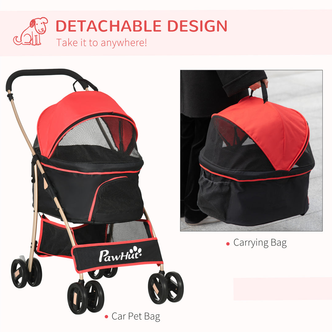 PawHut 3 In 1 Pet Stroller w/ Rain Cover, Detachable Cat Dog Pushchair, Foldable Carrying Bag w/ Universal Wheels, Brake, Canopy, Basket | Aosom UK