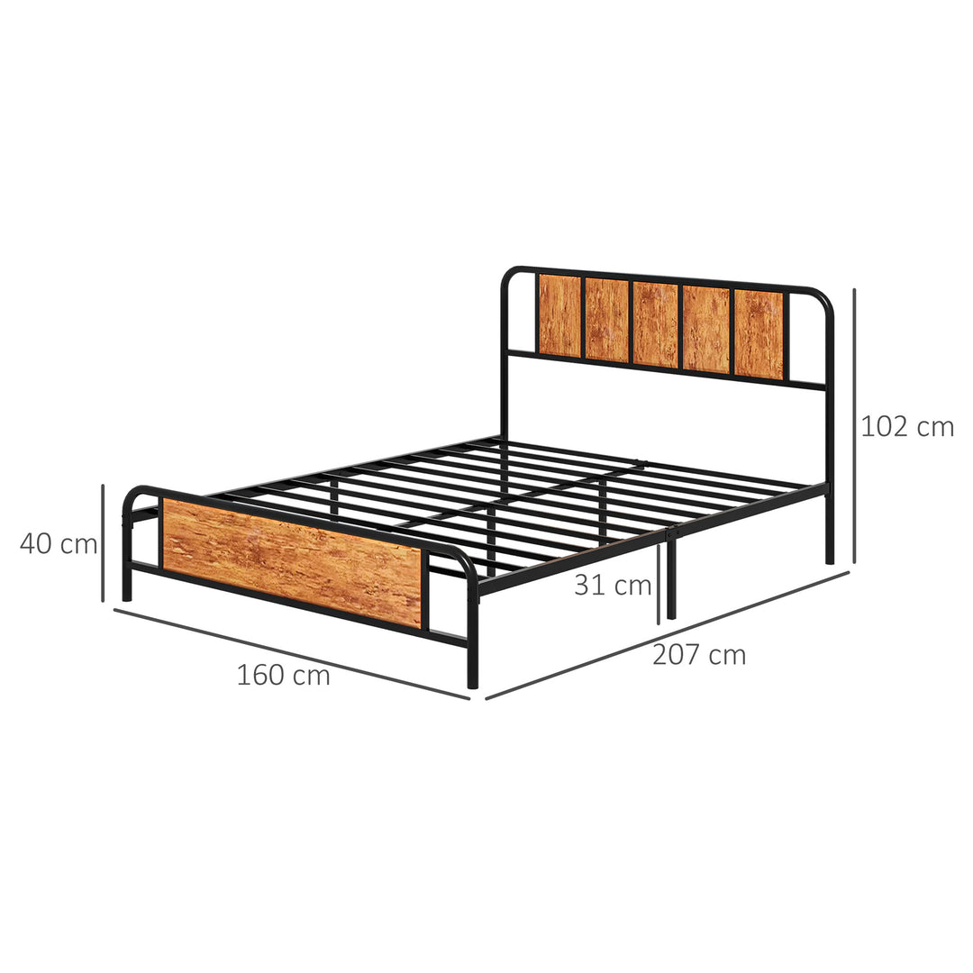 5.2ft King Bed Frame with Industrial Wood Headboard, Steel Slat Support and 31cm Underbed Storage Space, 160 x 207cm, Rustic Brown