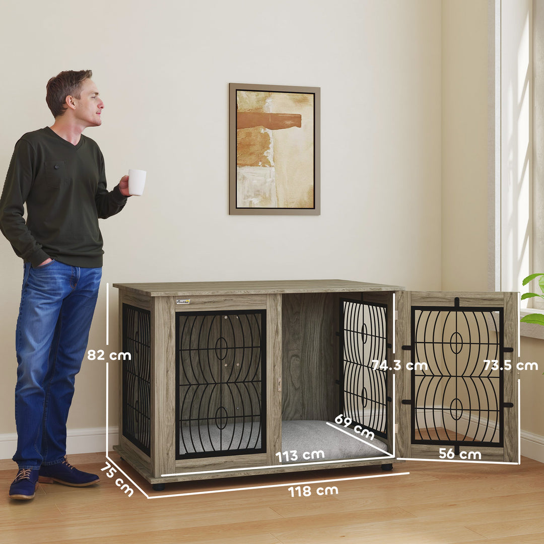 Indoor Dog Crate Furniture End Table with Soft Washable Cushion, Lockable Front Door, for Extra Large Dogs - Grey