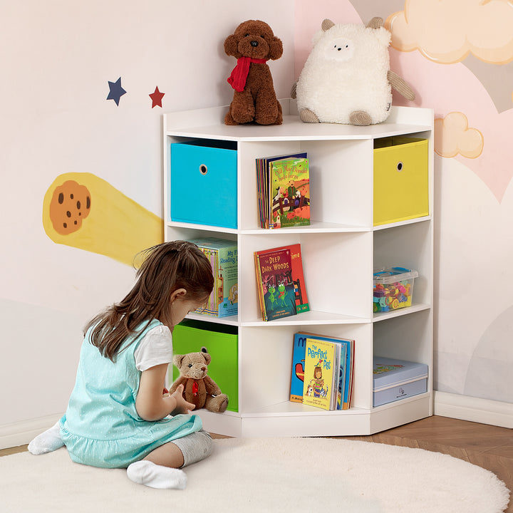 HOMCOM 3 Tier Kids Bookcase Toy Organiser Storage w/ 3 Fabric Drawers, White | Aosom UK