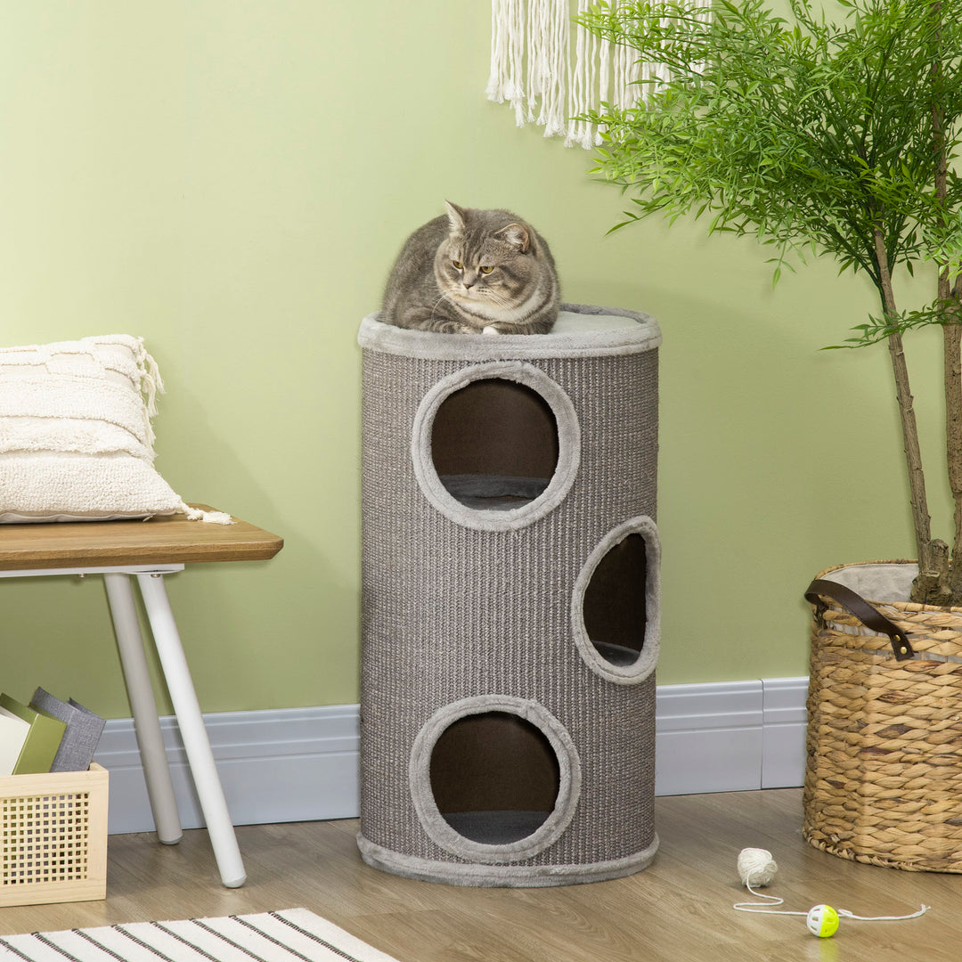 PawHut Cat Tree Barrel, Kitten Climbing Tower, Indoor Sisal Covered, Cosy Platform, Light Grey | Aosom UK