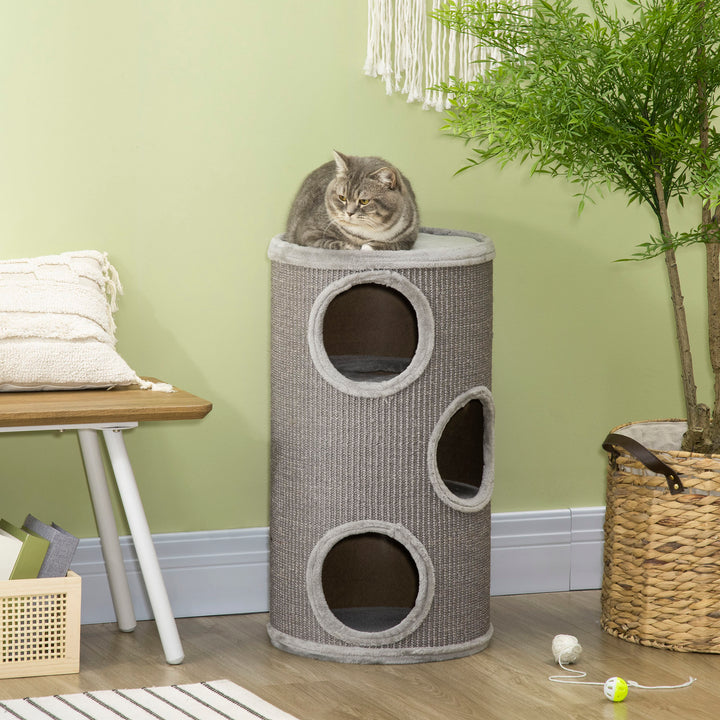 PawHut Cat Tree Barrel, Kitten Climbing Tower, Indoor Sisal Covered, Cosy Platform, Light Grey | Aosom UK