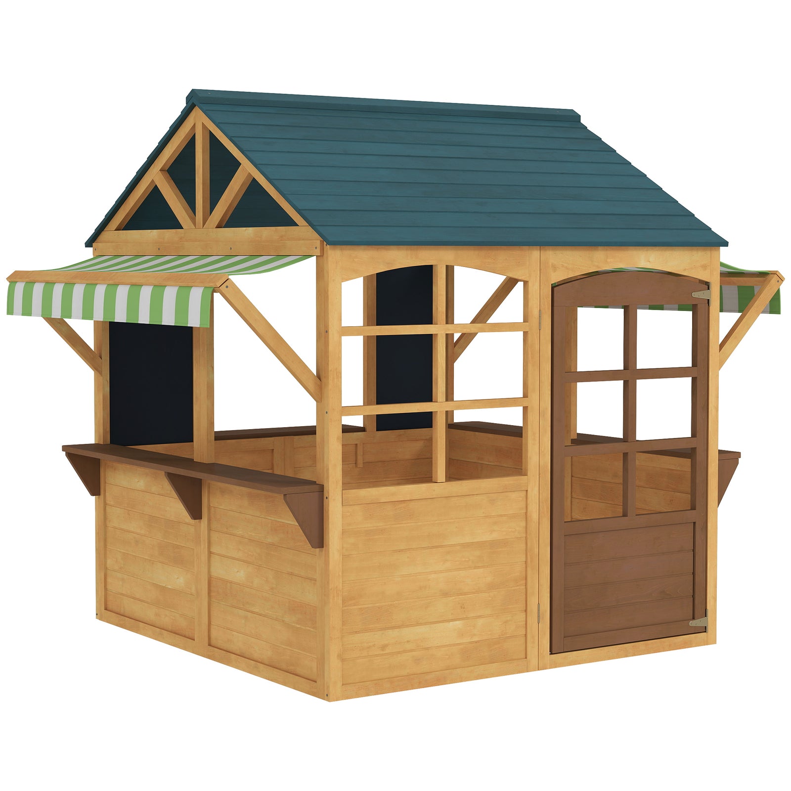 AIYAPLAY Wooden Playhouse for Kids, Foldable Wendy House with Windows, Working Door, Service Stations, Rain Covers, Brown