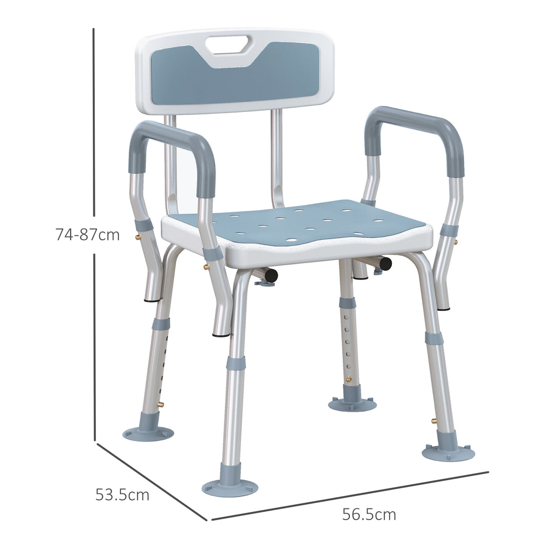 HOMCOM EVA Padded Shower Chair for the Elderly and Disabled, Height Adjustable Shower Stool with Back and Arms, 4 Suction Foot Pads, Light Blue | Aosom UK