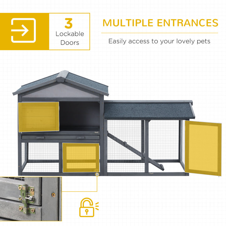 Wooden Rabbit Hutch Outdoor, Double Tier with Water-Resistant Roof, Ramp 147 x 54 x 84 cm, Grey
