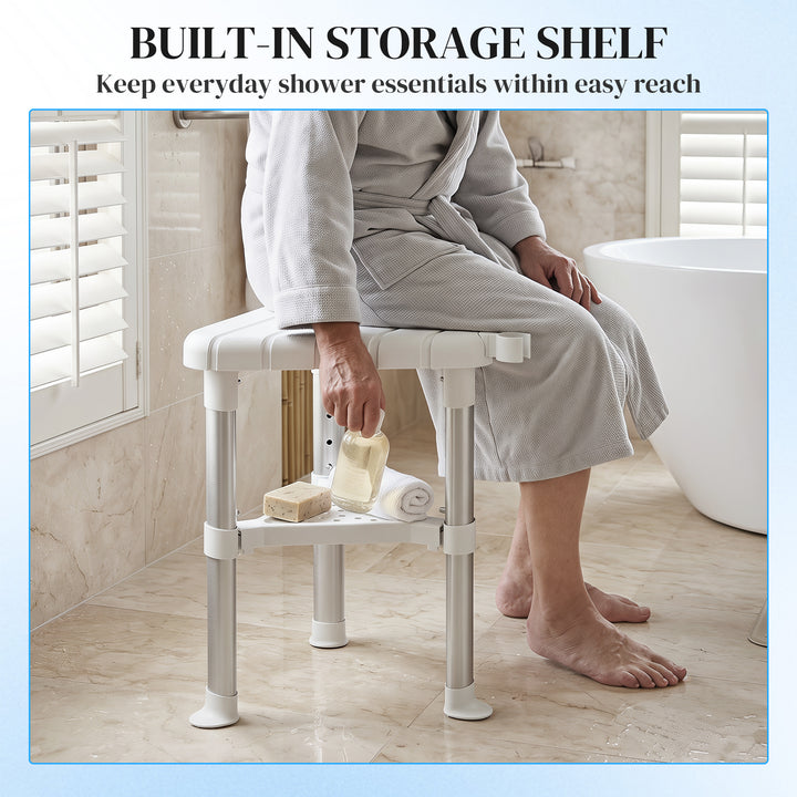 Shower Stool, Aluminium Alloy Corner Shower Chair with Storage Shelf a