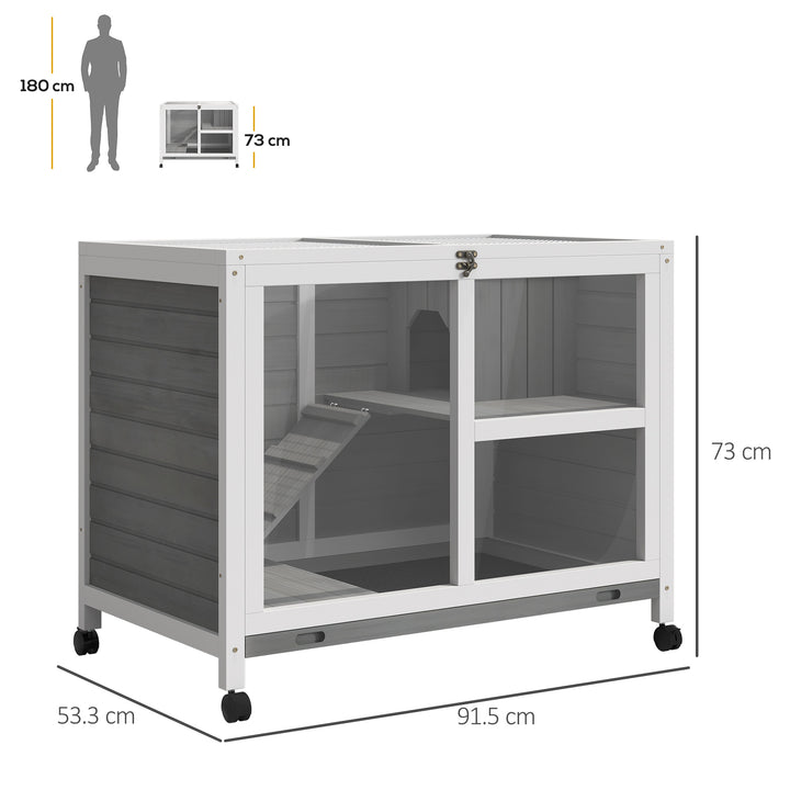 Wooden Rabbit Hutch Indoor with Wheels, Openable Roof, 91.5 x 53.3 x 73 cm, Grey