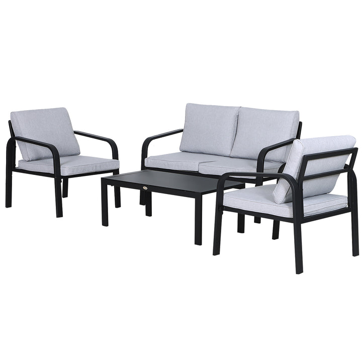MCL 4pcs Garden Sofa Set 2 Single Armchair, 1 Bench & 1 Coffee Table Set Aluminum Frame Patio Furniture with Cushions, Black
