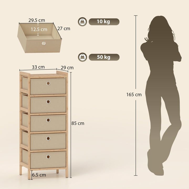 Chest of Drawers, 5 Fabric Drawers Narrow Dresser with Bamboo Frame, C