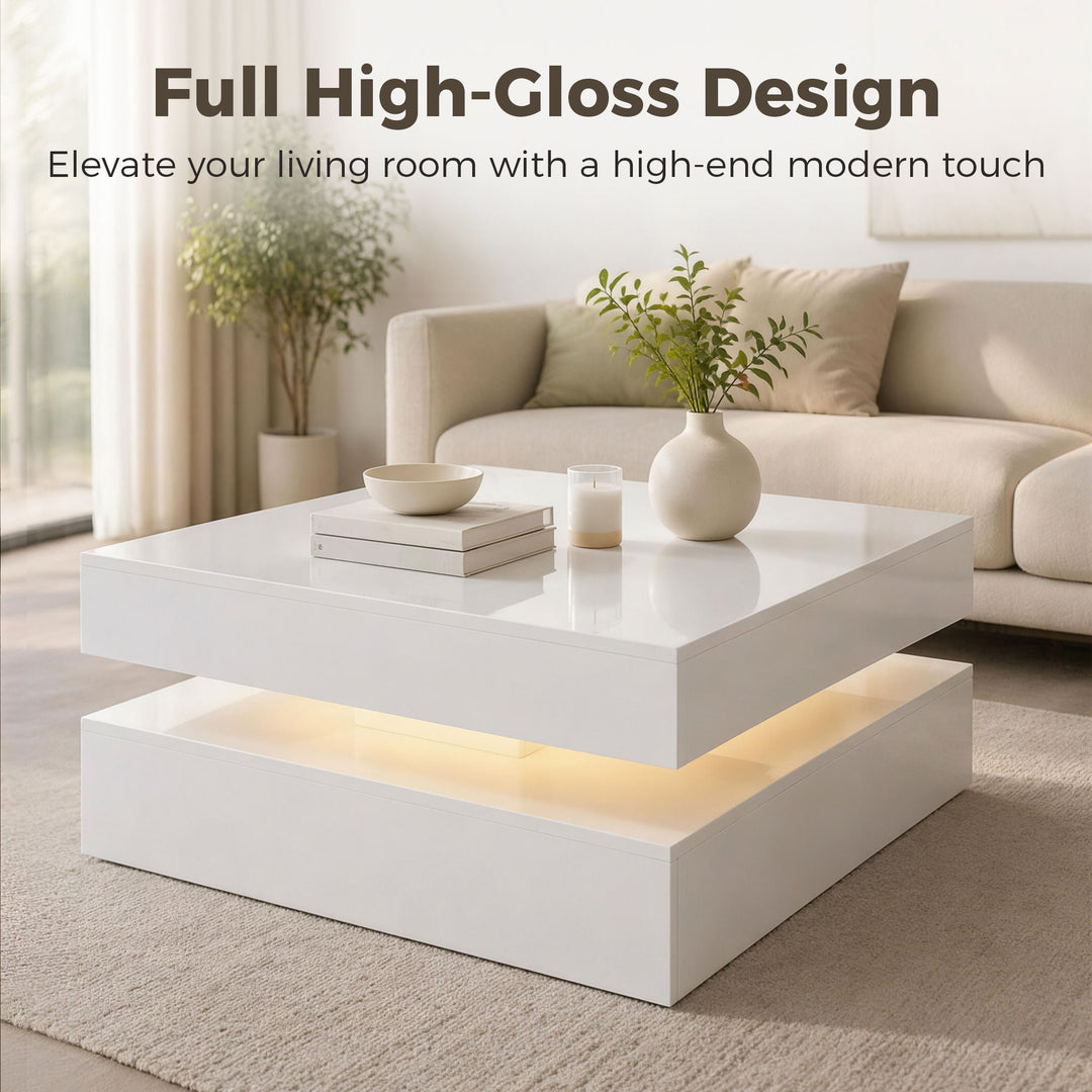 LED Coffee Table with Storage, 2-Tier Modern Centre Table with Open Sh