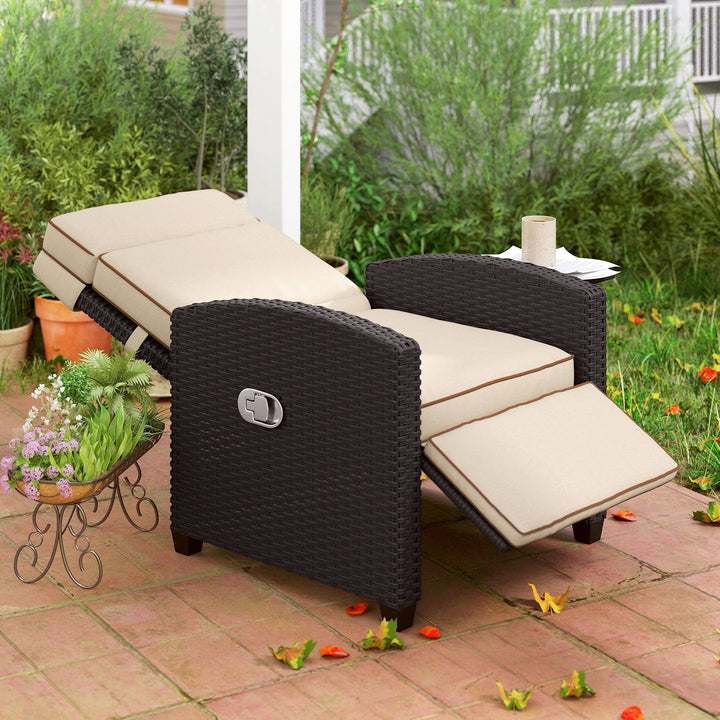 145° Reclining Rattan Armchair, with Footrest - Brown/Khaki
