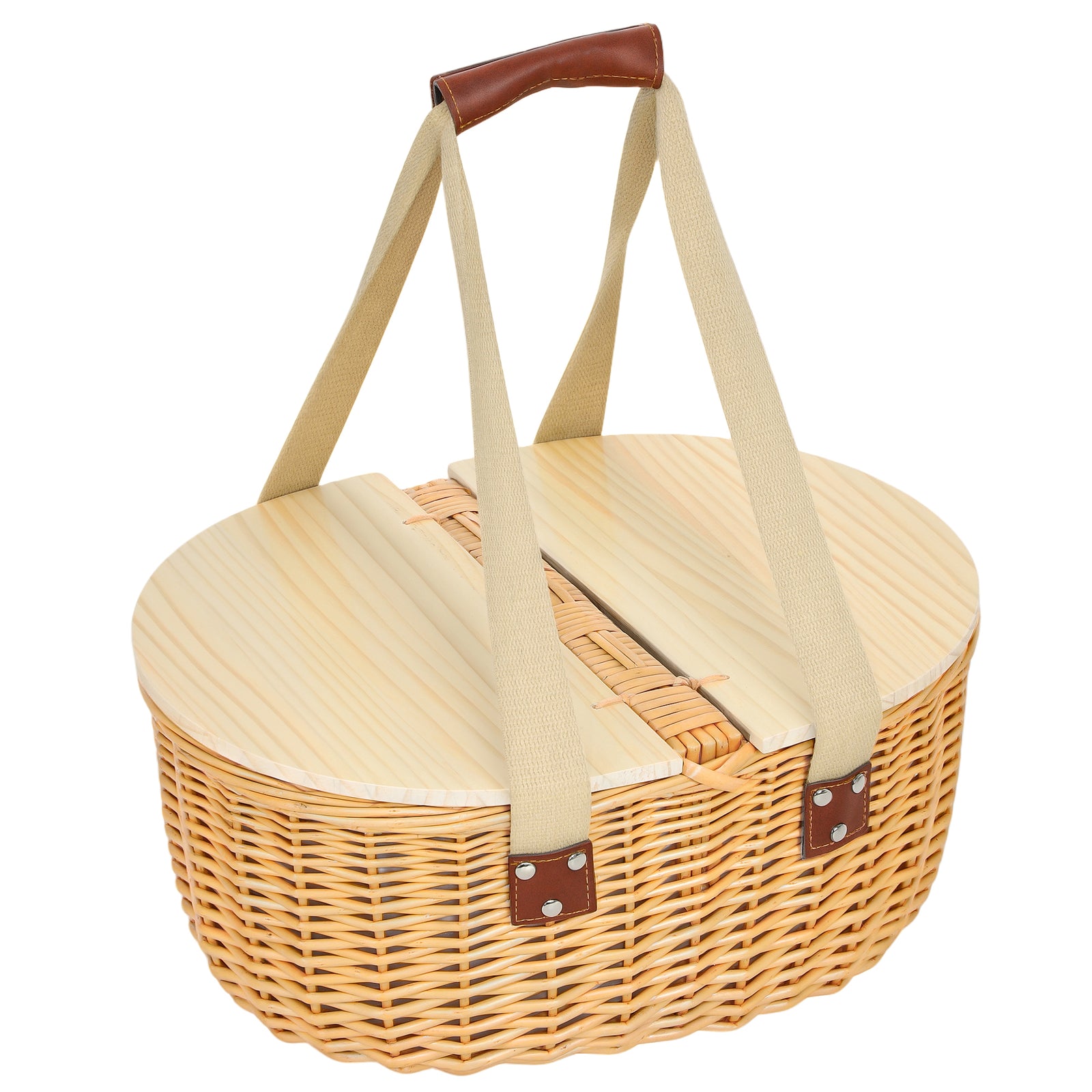 Wicker Picnic Basket for 2 with Pine Wood Lid, Picnic Hamper with Cooler Compartment, Cutlery Service Kits, Carry Handle for Camping, Outdoor, Valentine Day, Chirtmas, Birthday, Light Brown