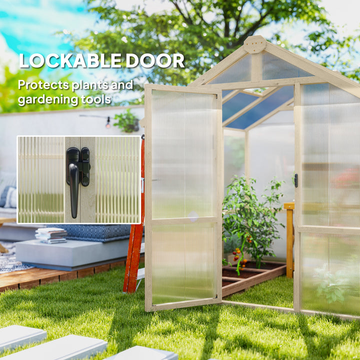 6.6 x 6ft Polycarbonate Greenhouse, Walk-in Wooden Greenhouse with Lockable Door and Window, Garden Plants Grow House, Brown