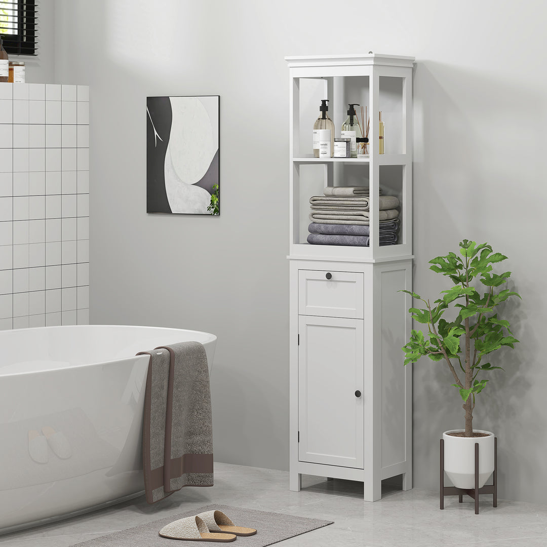 Tall Bathroom Cabinet, Slim Bathroom Storage Cabinet with 2 Open Shelves, Soft Close Door and Drawer, Adjustable Shelf, Narrow Cupboard Storage Unit, White