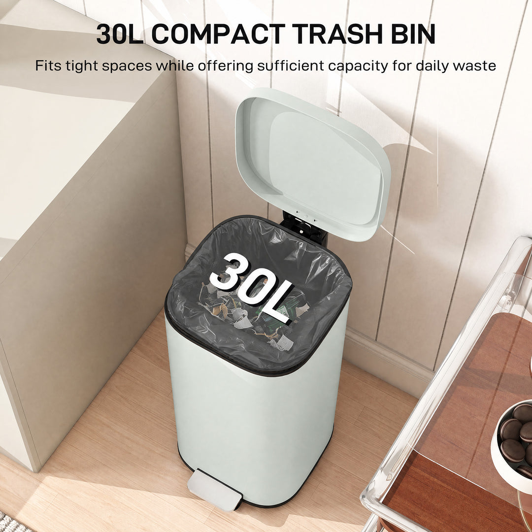 30L Kitchen Bin, Compact Pedal Bin with Soft-Close and Stay-Open Lid, 