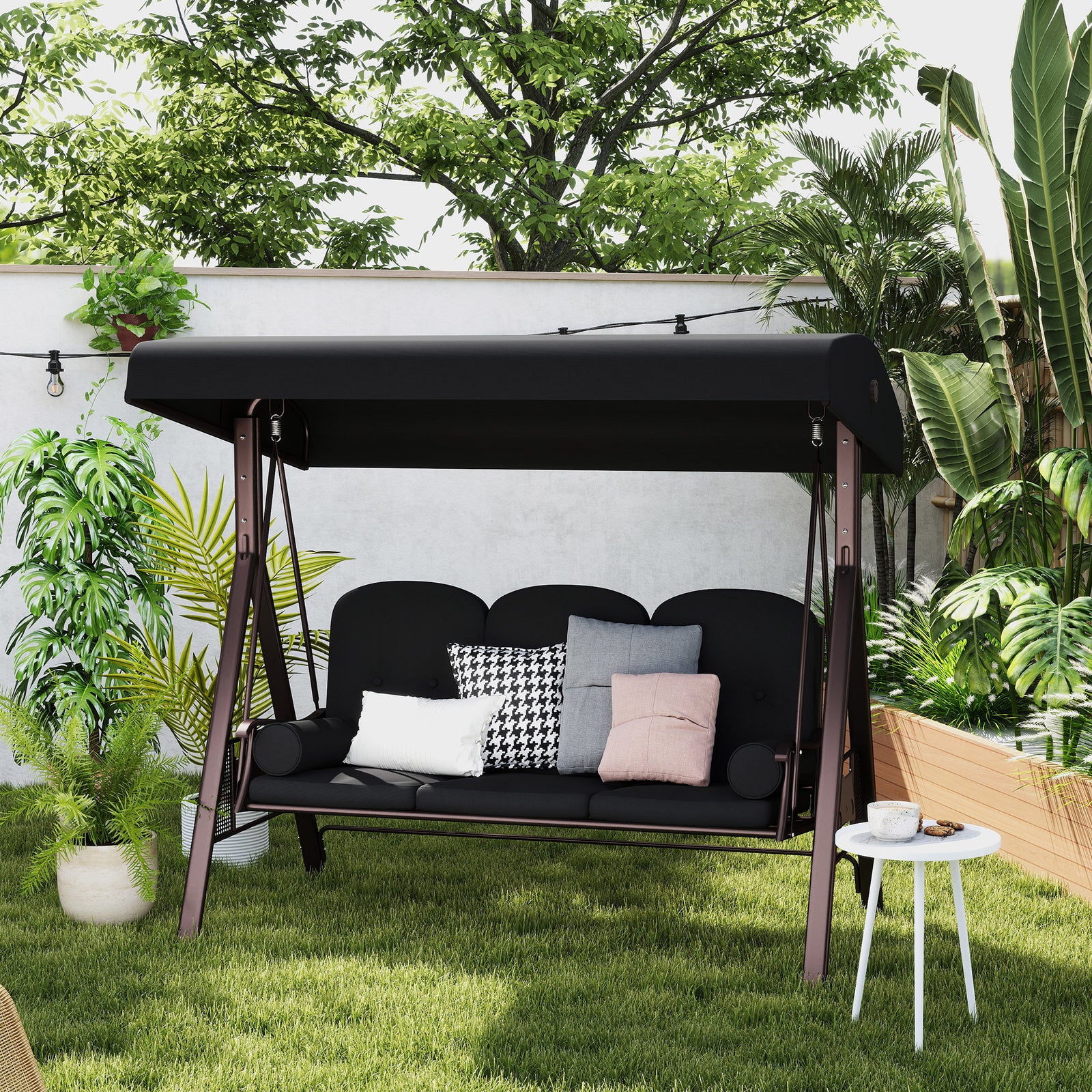 Swing Chair Hammock Chair 3 Seater Canopy Cushion Shelter Outdoor Bench Black