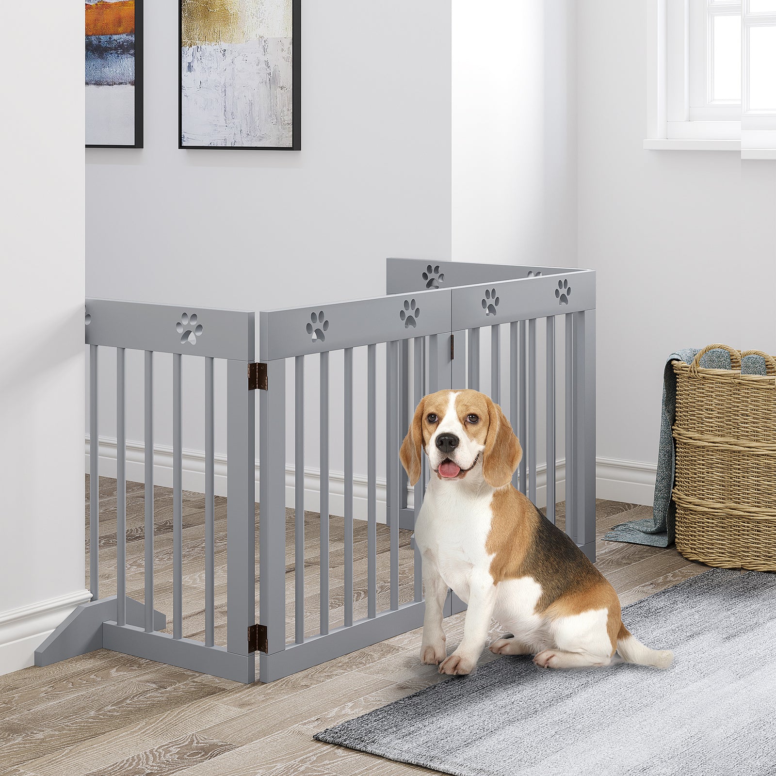 Freestanding Pet Gate 4 Panel Folding Wooden Dog Barrier w/ Support Feet