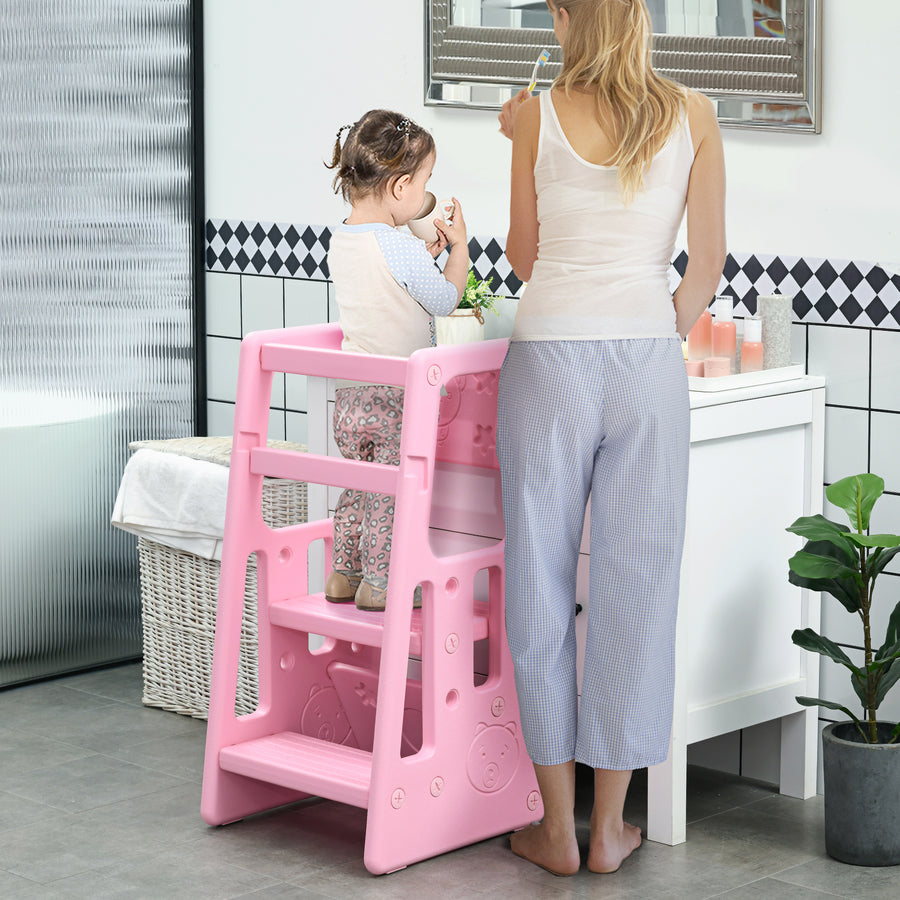 Kids Step Stool, Adjustable Standing Platform, Toddler Kitchen Stool, Pink