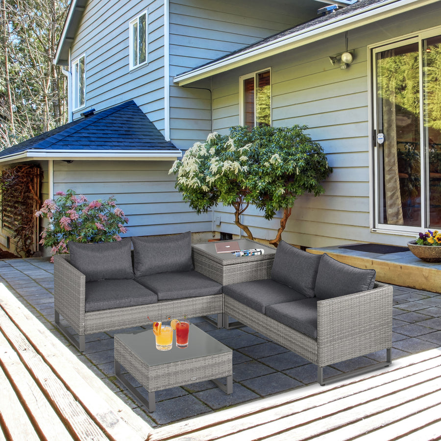 4 Pieces Rattan Garden Furniture Set, 4 Seater Garden Sofa Set with Storage Box, Loveseats and Glass Top Table, Wicker Outdoor Conservatory Furniture with Cushions for Outdoor, Patio, Grey