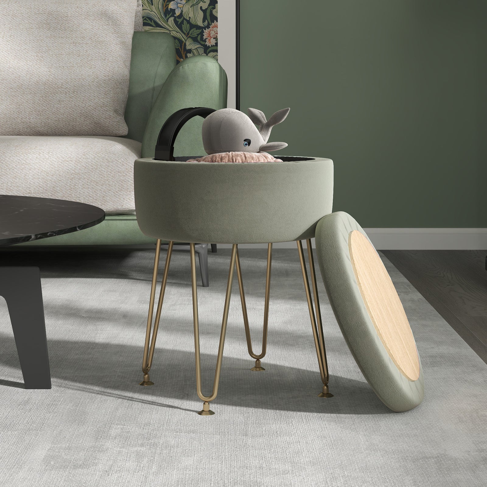 5L Velvet-Feel Storage Ottoman - Green