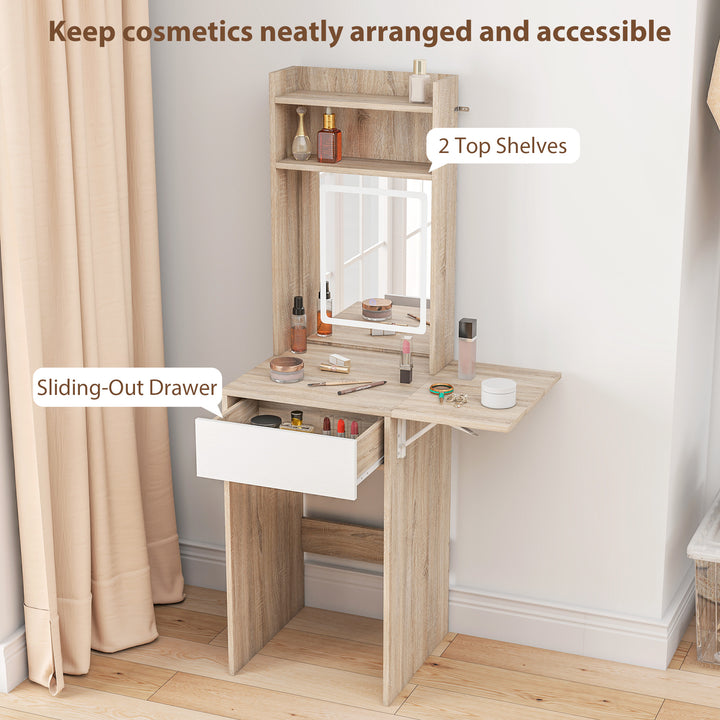 Small Vanity Desk with Mirror and LED Lights, Compact Dressing Table w