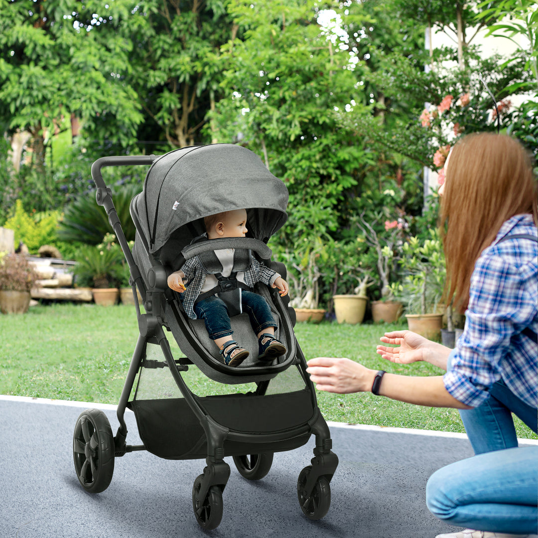 HOMCOM Pushchair 2 in 1, Lightweight Reversible Seat Stroller, Foldable & Fully Reclining for Newborn to 3 Years with 5-Point Harness, Grey