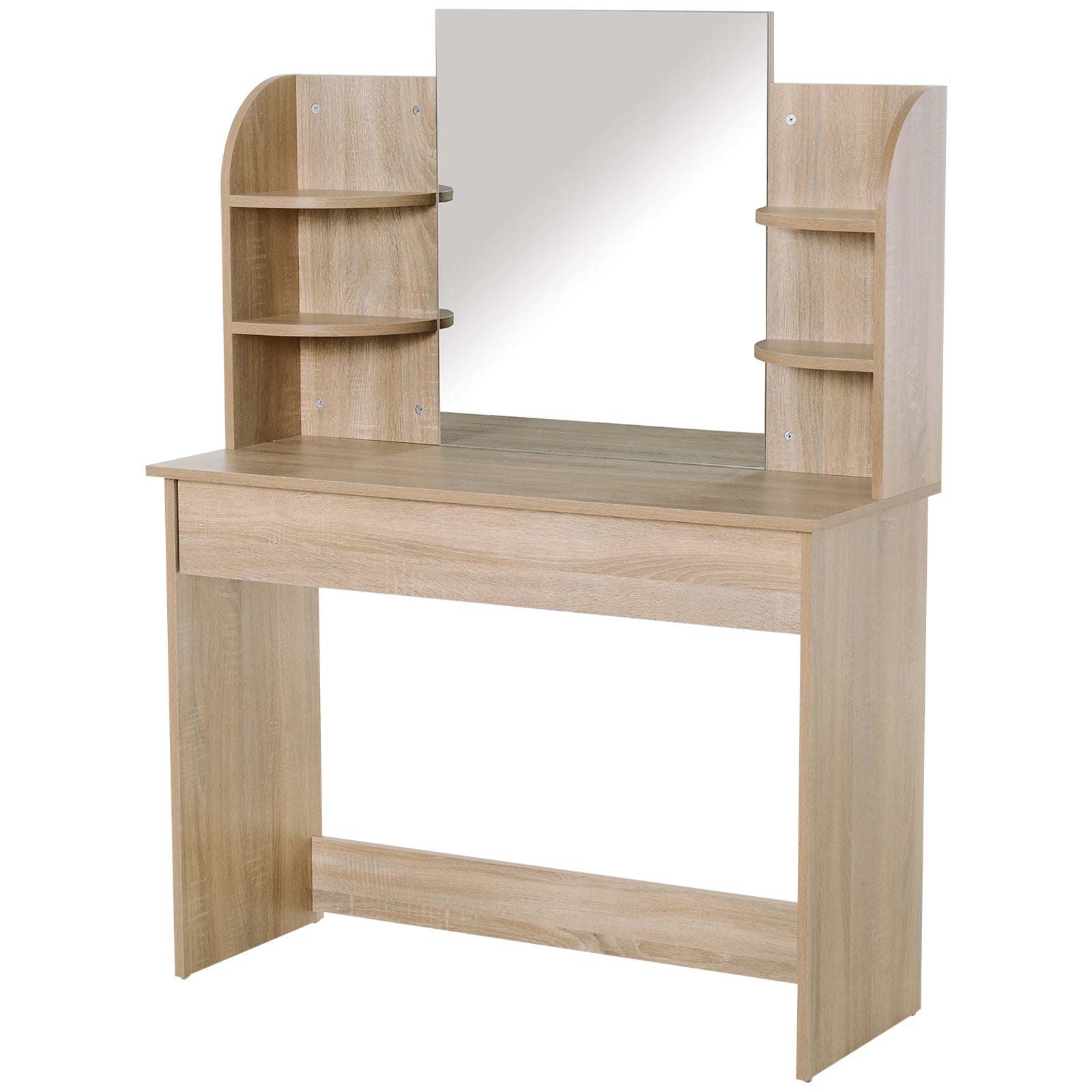 Modern Dressing Table Writing Desk W/ Mirror, Big Drawers, 2-Tier Open Shelf For Home Bedroom Natural