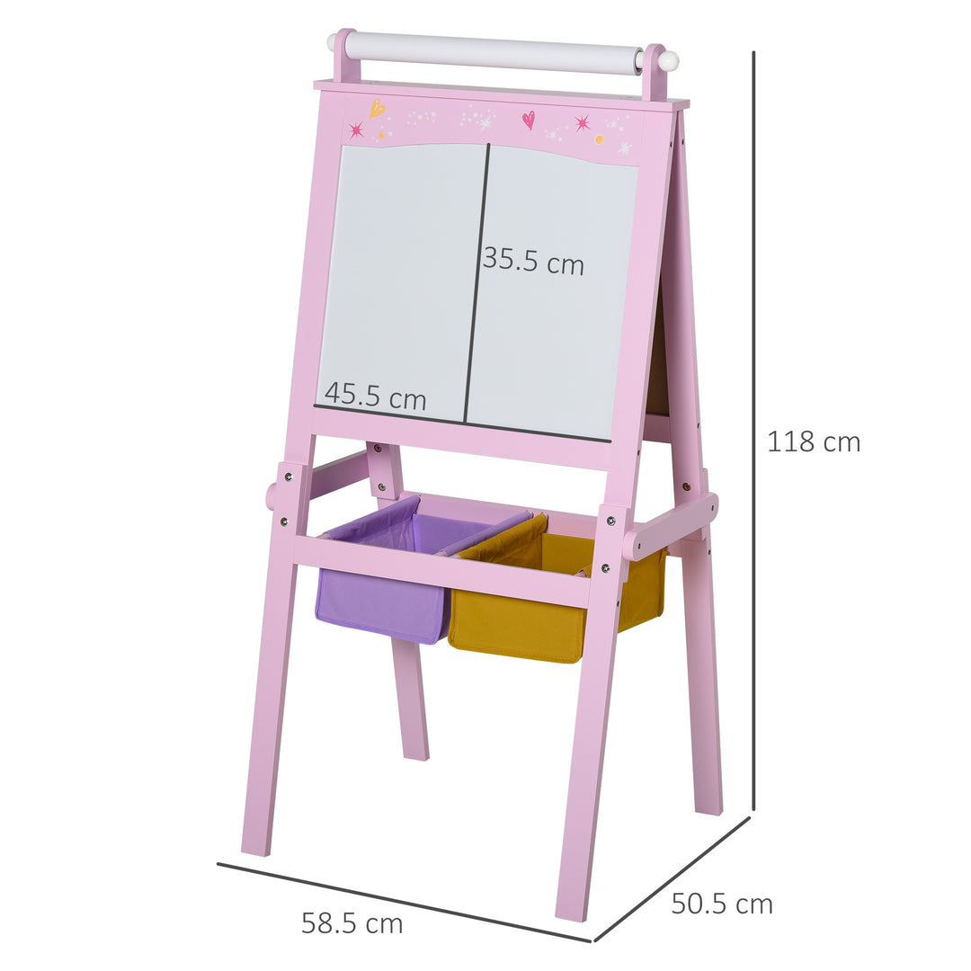 Kids Easel 3 in 1 Wooden Art Easel with Paper Roll Double-Sided Chalkboard & Whiteboard with Storage Baskets for Toddler Girls, Pink